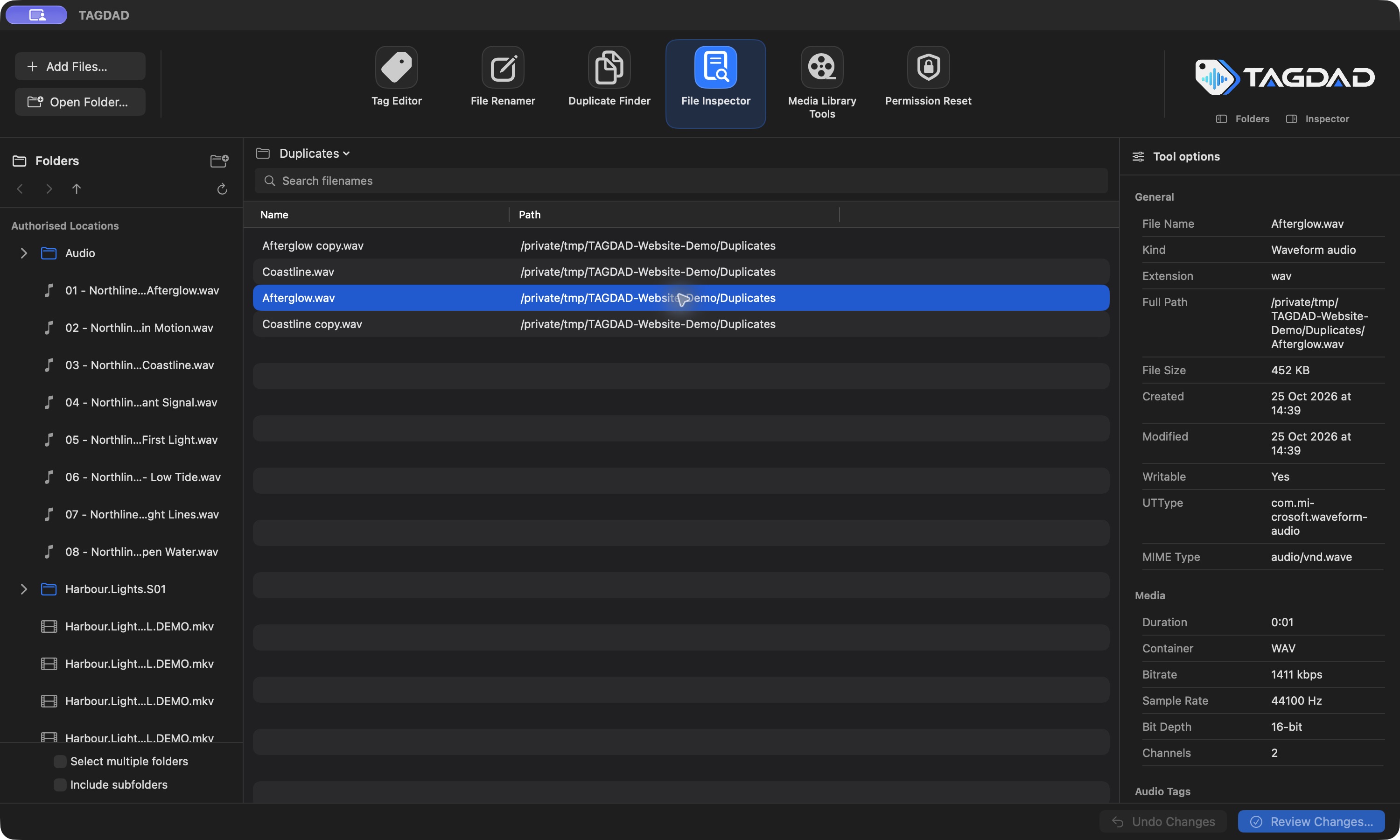 File Inspector displaying audio properties and metadata for a generated WAV file.