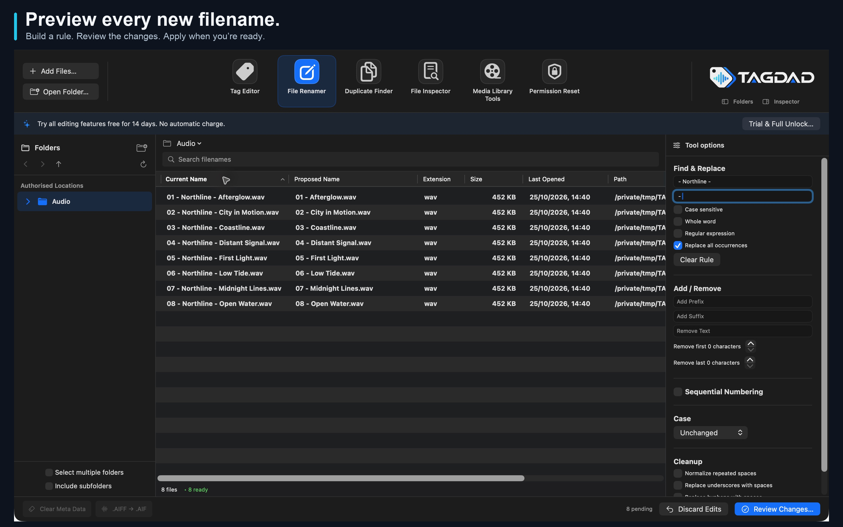 File Renamer comparing current and proposed filenames side by side.