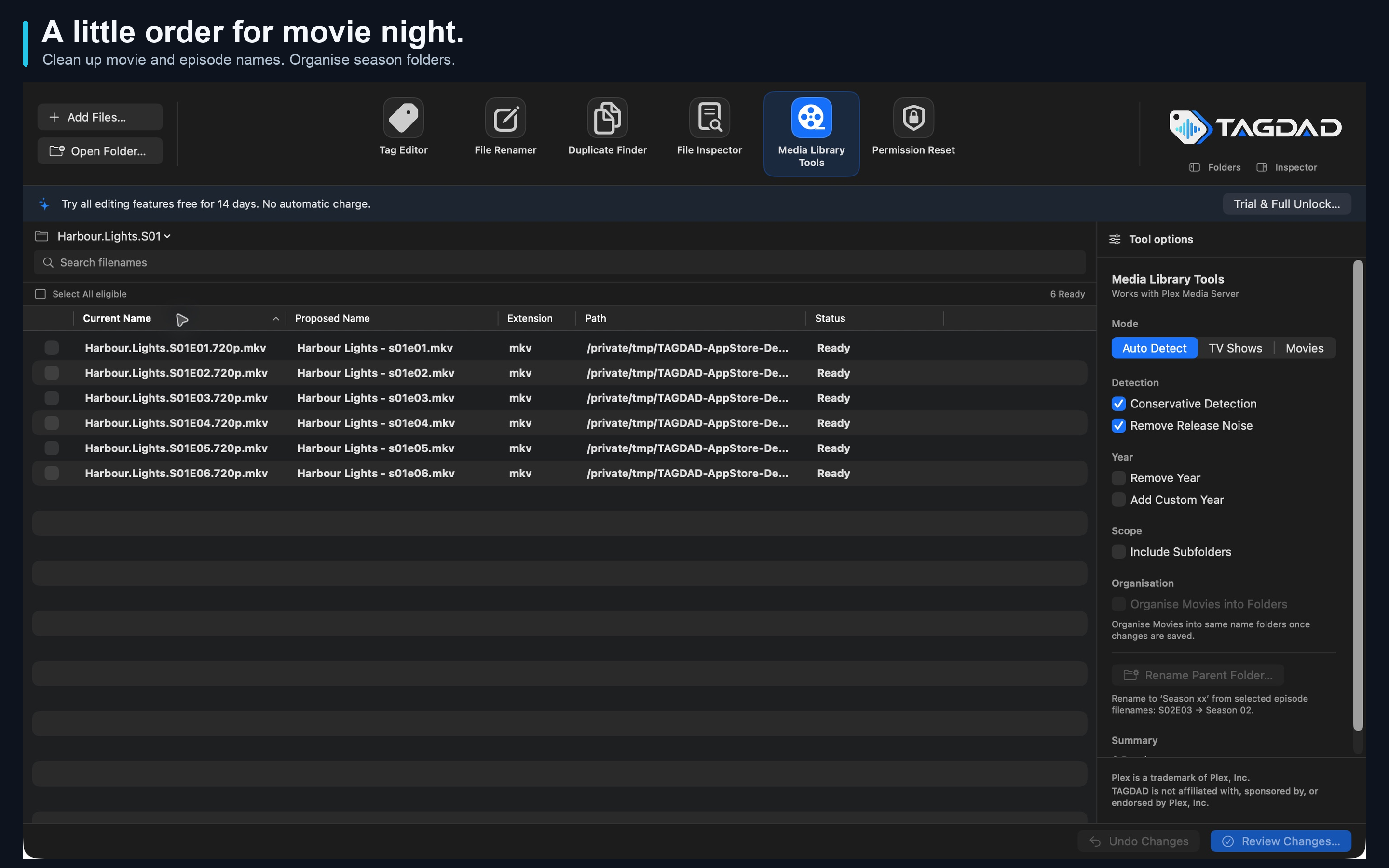 Close-up of Media Library options: Auto Detect, TV Shows, Movies, release-noise removal, year controls, subfolders and Rename Parent Folder.