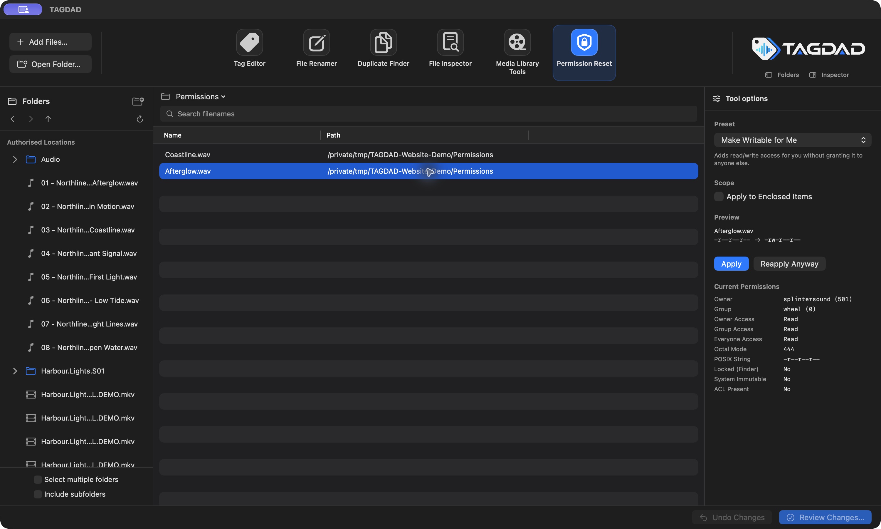 Permission Reset showing ownership, permissions and repair presets for demonstration files.