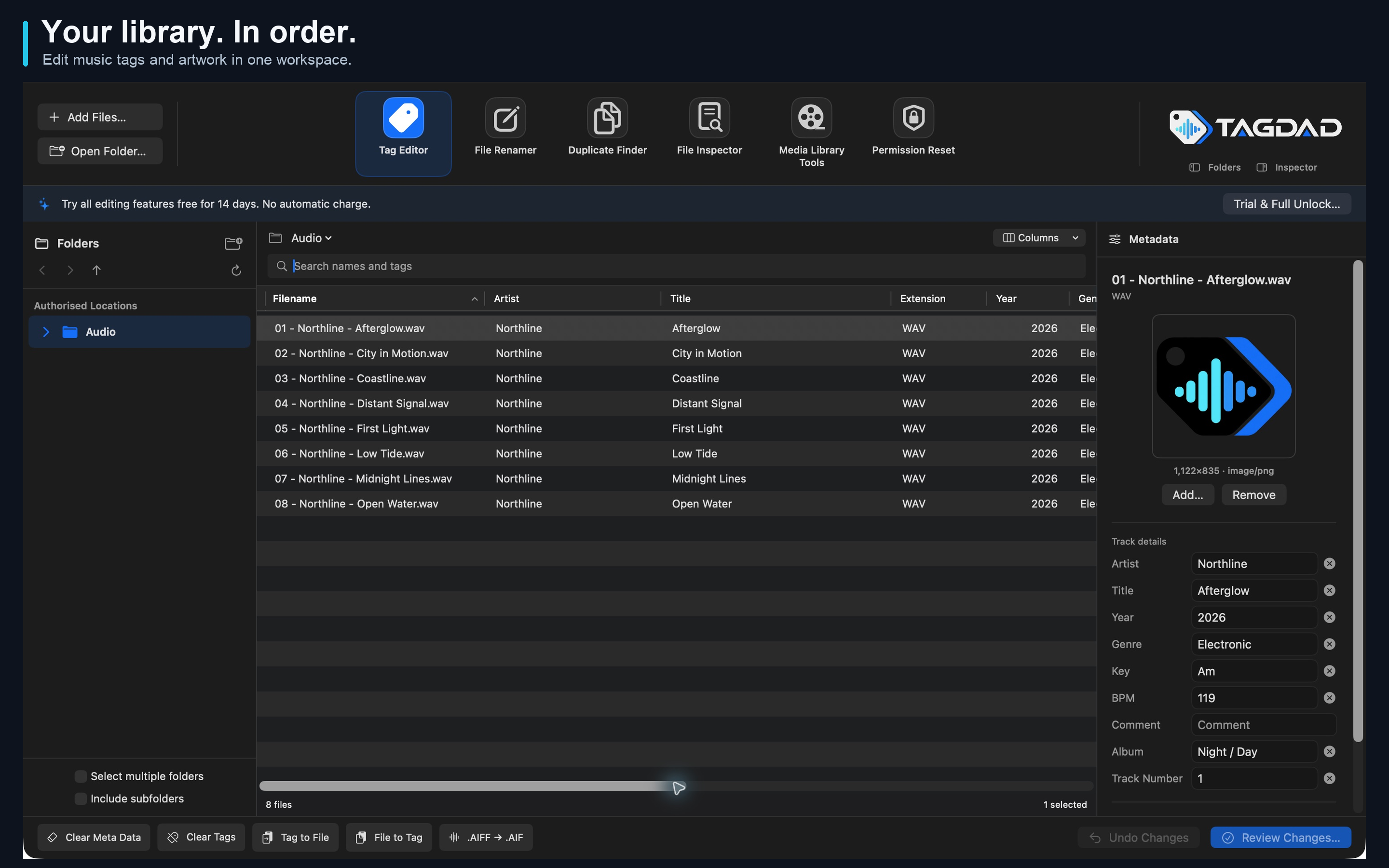Tag Editor showing fictional album metadata and artwork for generated audio.